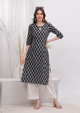 Ebony Artistry Black Block Print Cotton Long Kurti -Bold Statement in Black Block Print